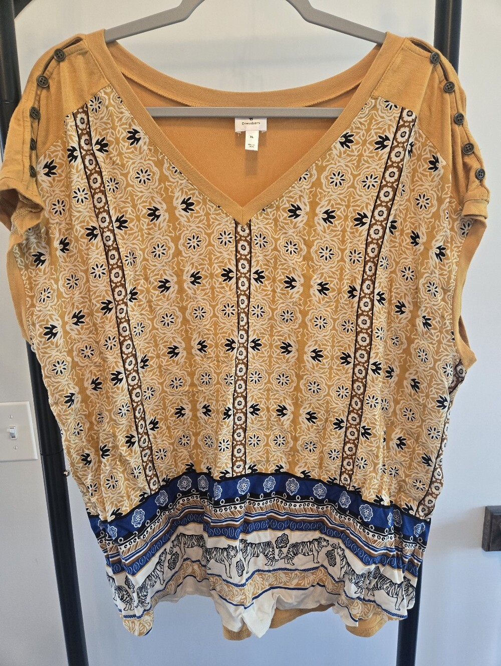 Dressbarn Women XL Mustard Navy Floral Boho Print Button-Sleeve Top